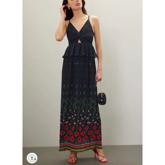 Sabina Musayev Black Pleated Gown SMALL Tiered Maxi Dress Floral Cut Out $430 - Picture 1 of 11